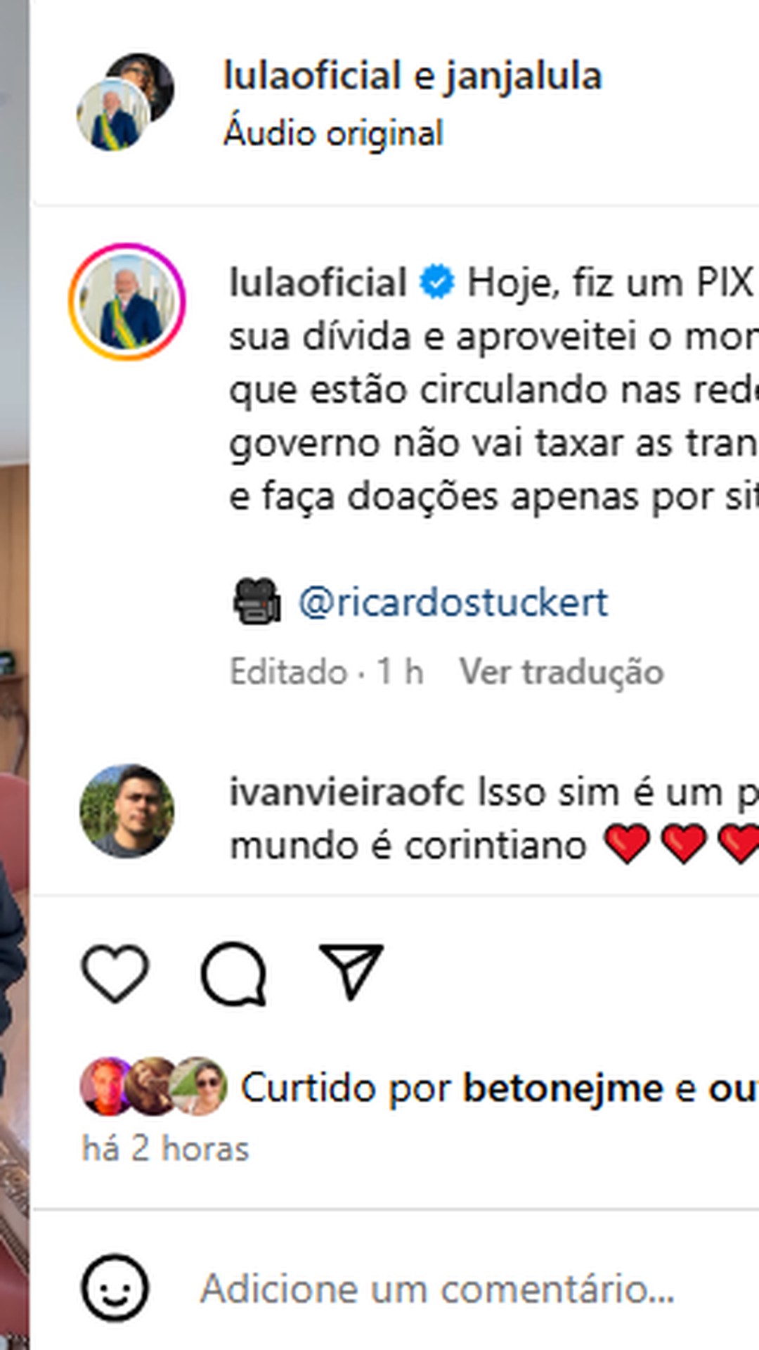 Lula faz Pix de R$ 1.013 para estádio do Corinthians e rebate fake news sobre taxação